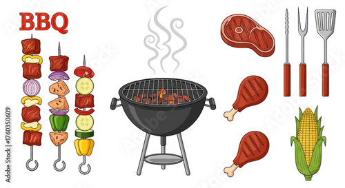 Assortment of Barbecue Food and Grilling Utensils.