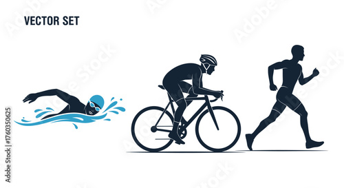 Triathlon Athletes Silhouettes: Swimming Cycling and Running.