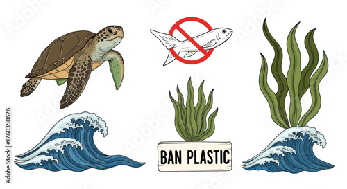 Sea Turtle Illustration with Waves Seaweed and Ban Plastic Symbol.