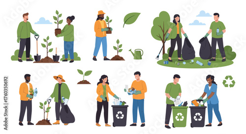 Diverse people planting trees cleaning parks and recycling waste for environmental sustainability.