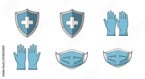Medical Protection Icons: Shields Gloves and Face Masks for Health and Safety.
