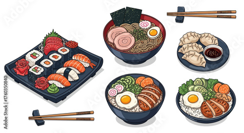 Delicious Japanese Cuisine: Sushi Ramen Gyoza and Rice Bowls.