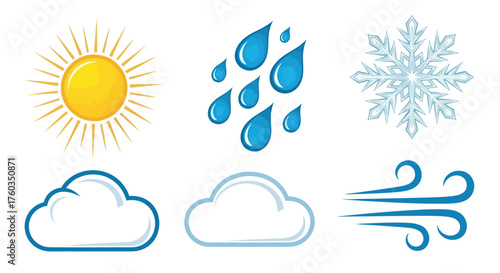 Weather Icons: Sun Rain Snowflake Clouds and Wind Illustration.