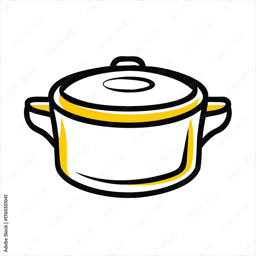 Obraz premium White cooking pot with yellow and black outline graphic illustration kitchen utensil