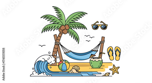 Tropical Beach Scene with Palm Tree Hammock and Ocean Wave.