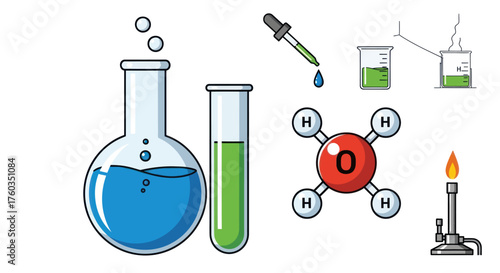 Chemistry Lab Equipment: Beaker Test Tube Dropper Molecule and Bunsen Burner.