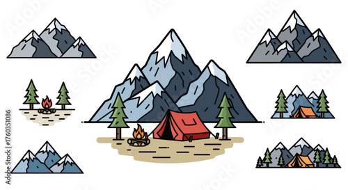 Collection of stylized mountain landscapes with camping scenes.