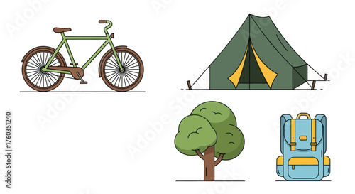 Outdoor adventure gear including a bicycle tent tree and backpack.