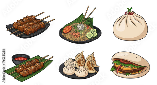 Assortment of Delicious Asian Cuisine Dishes Hand-Drawn Style.
