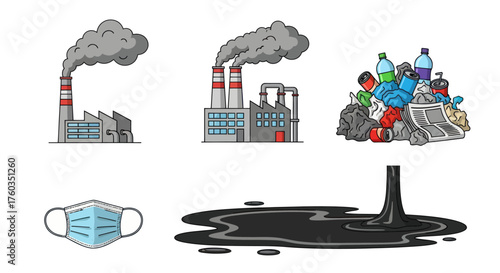 Illustrated Set of Environmental Pollution and Waste Icons.