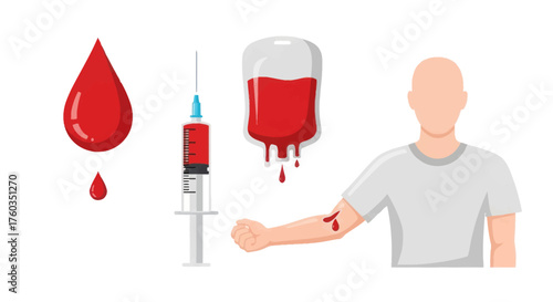 Medical blood donation and collection concept with syringe blood bag drops and human arm.