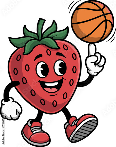 Whimsical Strawberry Character Mastering Basketball Dribbling Skills with a Cheerful Expression and Playful Stance