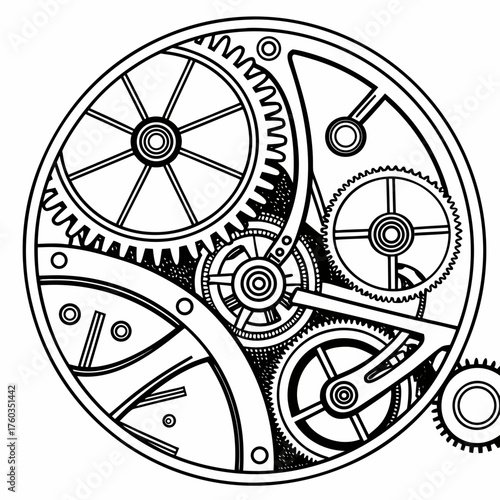 Intricate clockwork mechanism, vintage style drawing