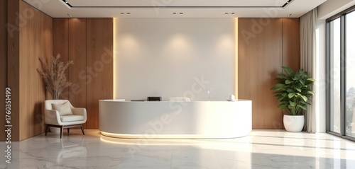 Modern office reception area with minimalist design. Stylish lobby with white desk plants, wooden walls. Light elegant decor space in bright colors. Contemporary interior room is luxury, upscale.