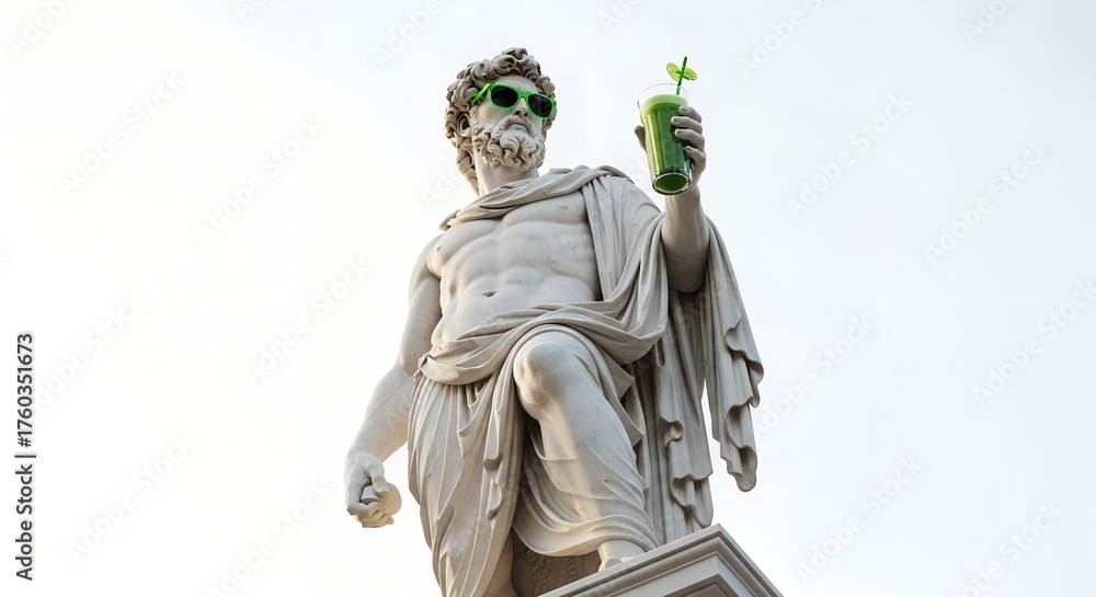 Fototapeta premium Cool Classical Statue in Green Sunglasses Holds a Healthy Green Smoothie