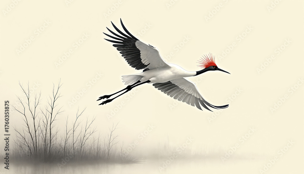 Obraz premium Red crowned crane bird flies over misty marshland with bare trees. Elegant creature with long legs soars in minimalist painting style art. Nature illustration for peace tranquility.