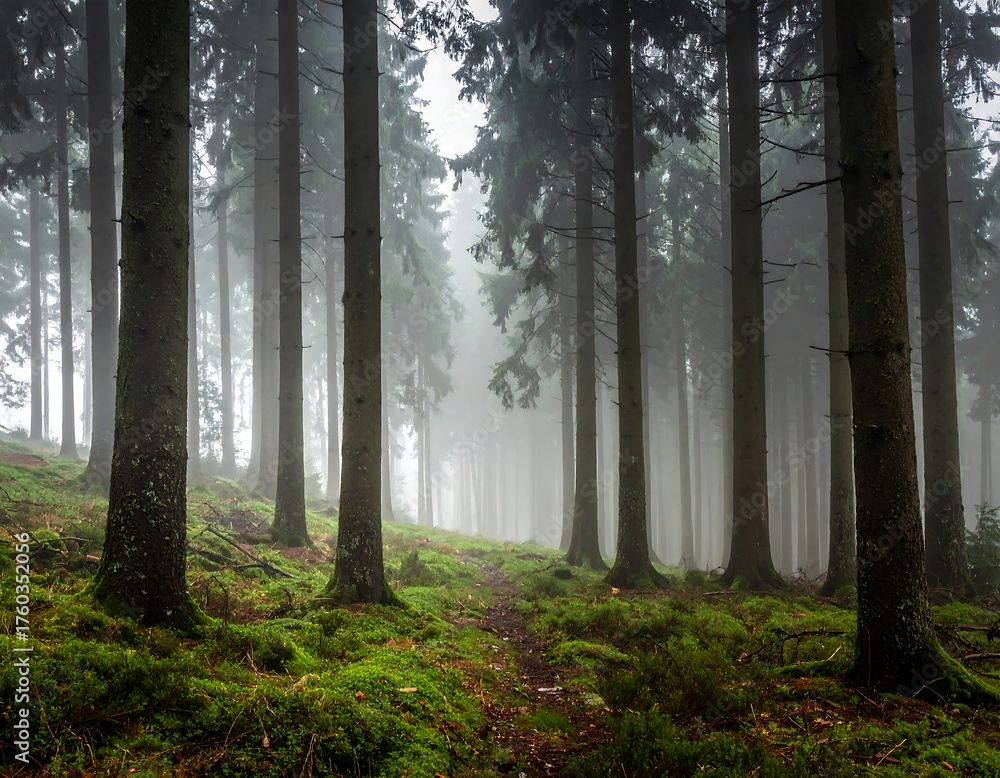 Obraz premium Dense, misty forest scene with a path leading into the depths
