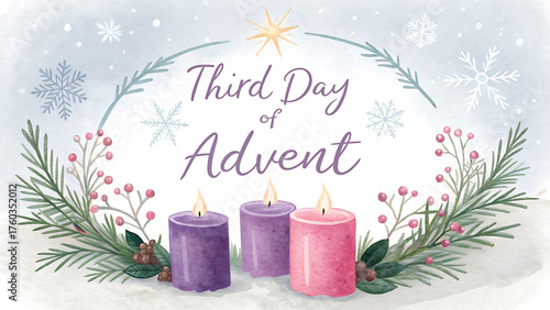 Third day of advent illustration featuring three lit candles surrounded by festive winter greenery and snowflakes celebrating the christmas season