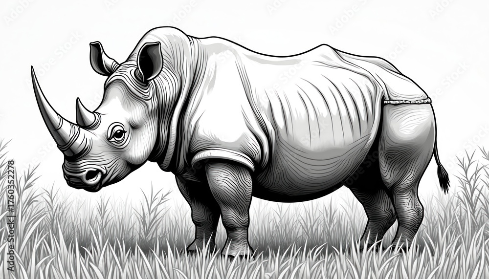 Obraz premium Monochrome illustration displays a rhinoceros standing in tall grass. The animal features a large horn strong build. The artwork uses line art style suitable for various applications.