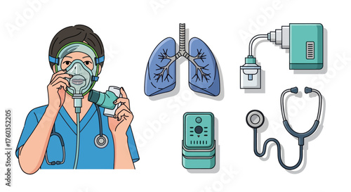 Medical Professional Wearing Oxygen Mask and Medical Equipment Illustration.