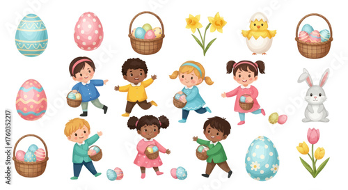 Easter Celebration with Children Decorated Eggs Baskets Chick Bunny and Flowers.