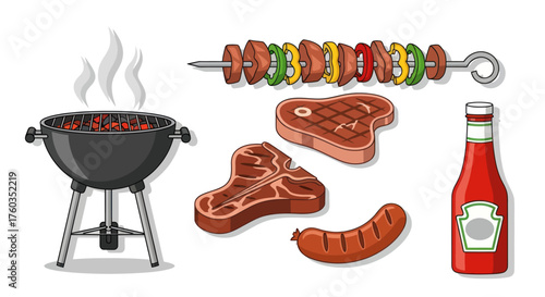 Cartoon Barbecue Grill with Skewer Steaks Sausage and Ketchup Bottle.