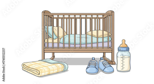 Wooden Baby Crib with Bedding Blanket Shoes and Bottle.