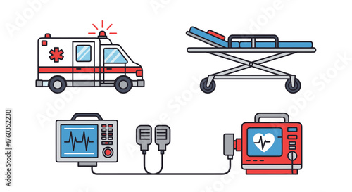 Collection of Medical Emergency Equipment and Ambulance Vehicle.