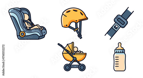 Essential Baby and Child Safety and Care Equipment Icons.