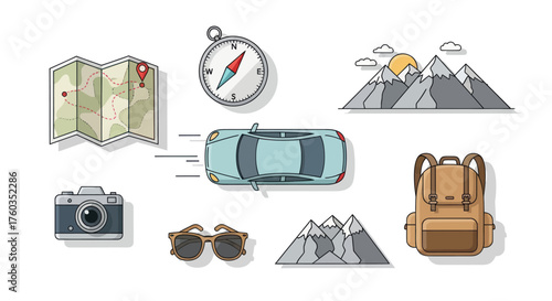 Collection of Travel Icons: Map Compass Car Camera Sunglasses Backpack Mountains.