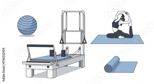 Pilates Equipment Set: Reformer Cadillac Ball Mat and Woman in Yoga Pose.
