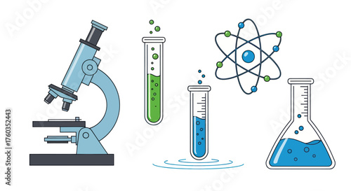 Scientific Laboratory Equipment and Molecular Model Illustration.