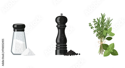 Salt Shaker Pepper Grinder and Fresh Herbs Illustration.