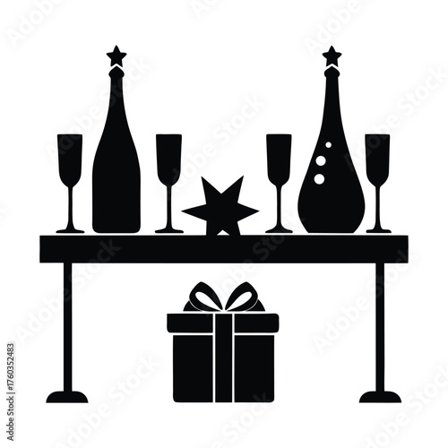 Party table with champagne and gifts vector silhouette illustration