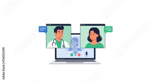 Telemedicine Consultation: Doctor and Patient Video Call on Laptop Screen.