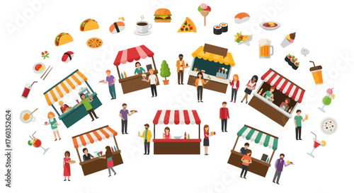 Bustling Street Food Market with Diverse Vendors and Customers.