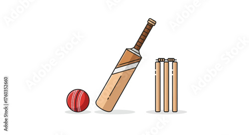 Cricket Equipment: Wooden Bat Red Ball and Stumps Illustration.