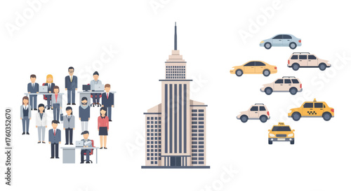 Flat design city elements: diverse people modern skyscraper and various cars.