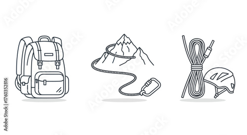 Climbing Equipment Line Art: Backpack Mountain Rope Helmet Carabiner.