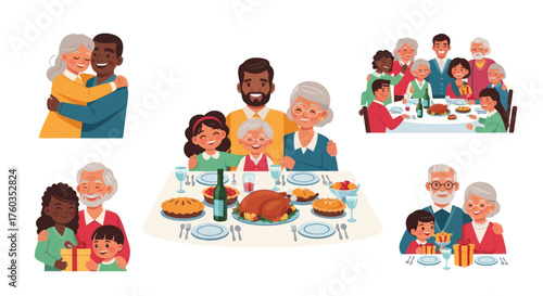 Diverse Families Celebrating Together with Food and Gifts Multi-generational Gatherings.