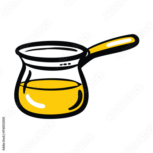 Yellow liquid in a black outlined glass cezve with a yellow handle on white ibrik coffee pot