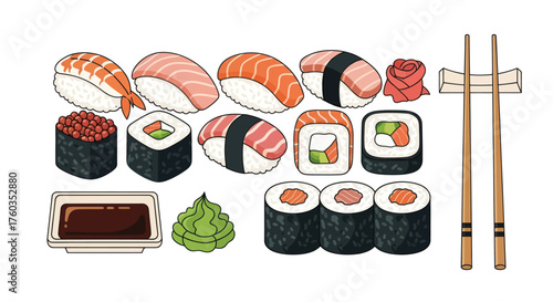Assorted Sushi Pieces with Chopsticks Soy Sauce and Wasabi.