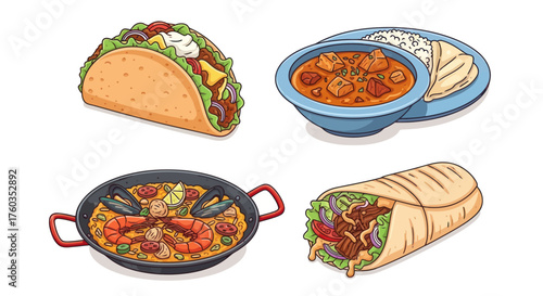 Colorful Illustration of Taco Chili Paella and Burrito Representing Diverse Cuisine.