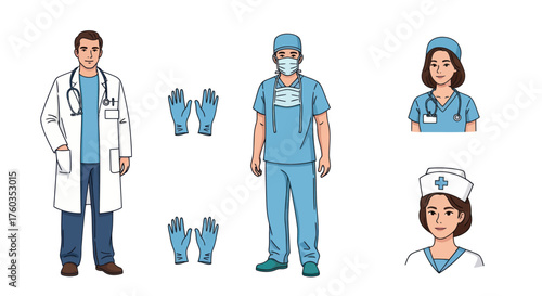 Illustrated Medical Professionals in Various Uniforms and Protective Gear.