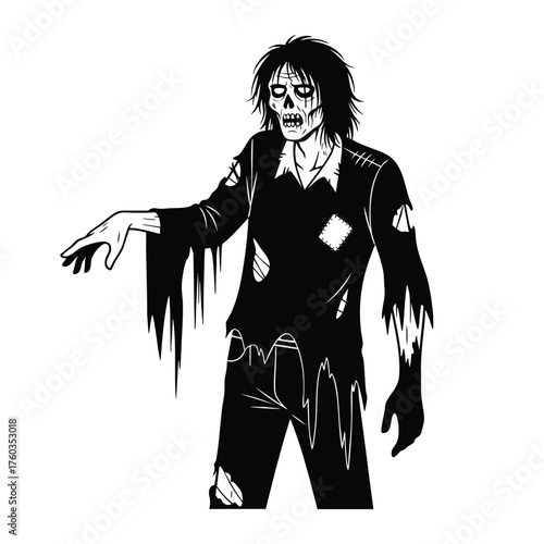 Creepy Zombie Character with Torn Clothes and Distressed Features Reaching Out