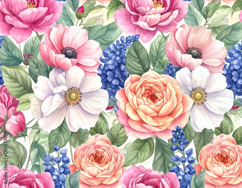 Colorful watercolor floral design with roses, anemones, and blue grape hyacinths
