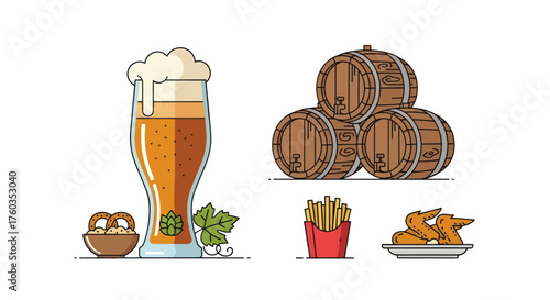 Oktoberfest Celebration: Beer Pretzels Barrels Fries and Chicken Wings.