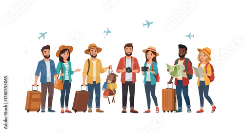 Group of Diverse Travelers with Luggage and Accessories.