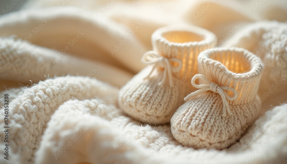 Fototapeta premium Close up photo of baby booties on soft warm knitted blanket. Newborn announcement concept. Baby shoes with bows on the fluffy, cozy background. Pregnancy reveal.