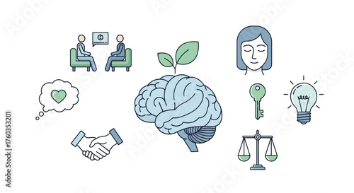 Conceptual Illustration of Brain Growth and Mental Well-being Elements.